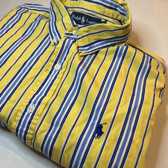 Vintage Ralph Lauren Shirt Mens XL Yellow Blue Striped Button Up Classic Fit - Picture 1 of 8
